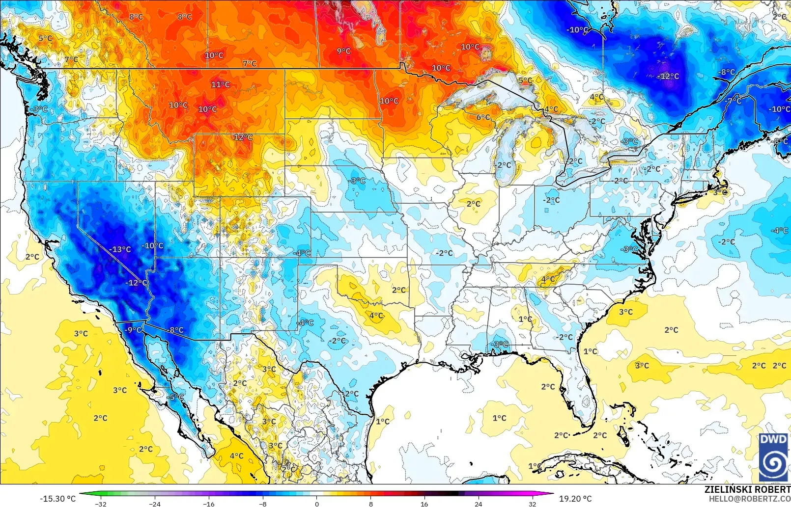 ICON modelo - Estados Unidos, Anomalía de temperatura a 2 m