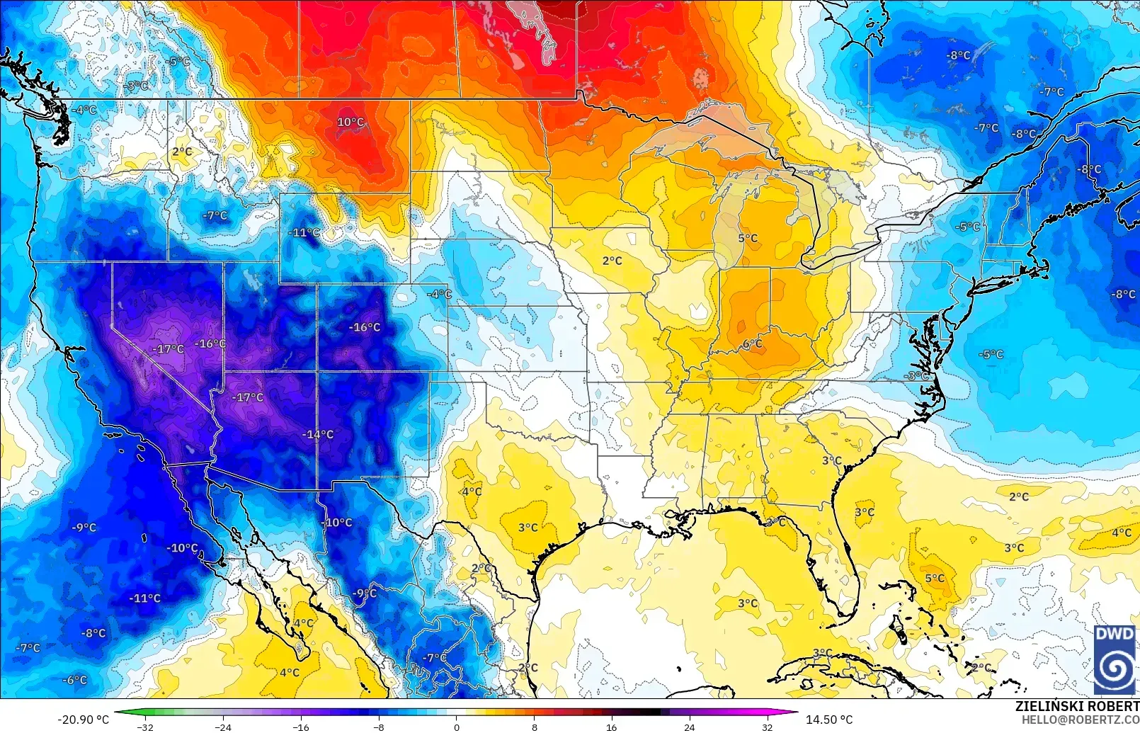 ICON modelo - Estados Unidos, Anomalía de temperatura a 850 hPa