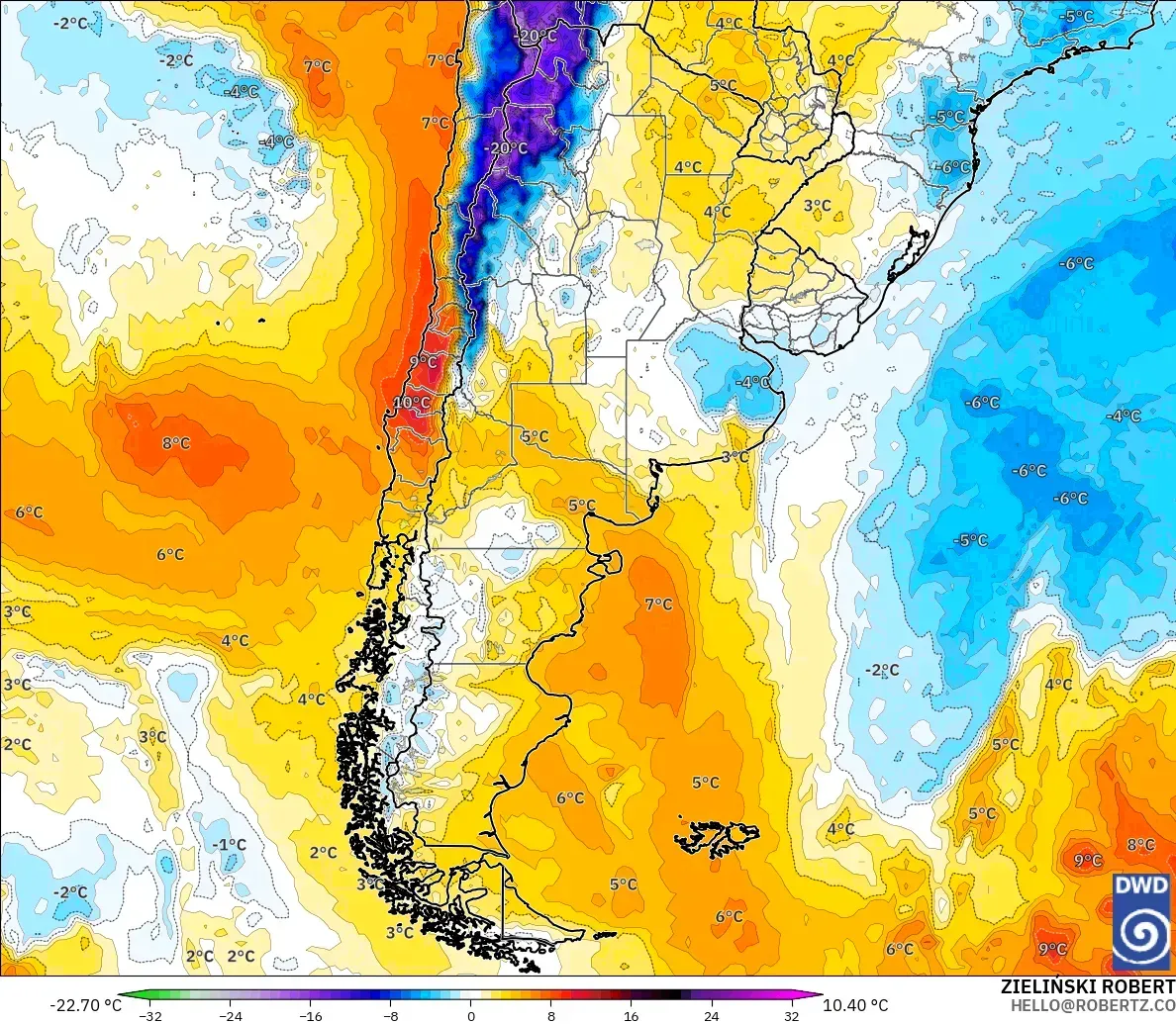 ICON modelo - Argentina, Anomalía de temperatura a 850 hPa