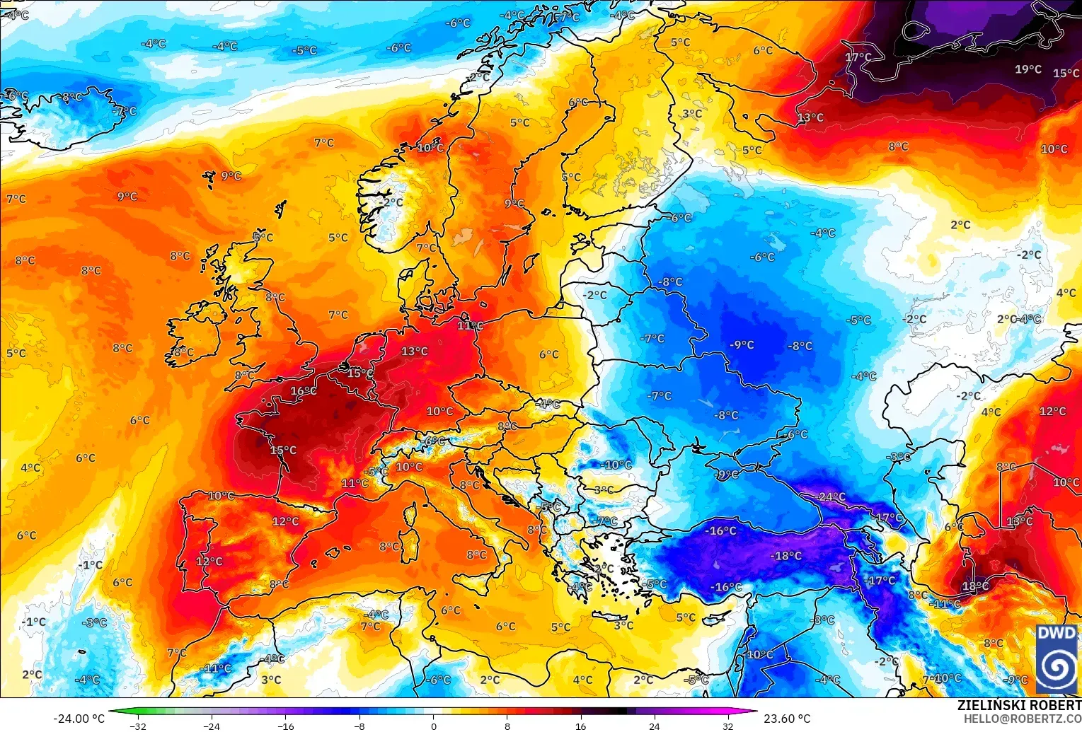 ICON modelo - Europa, Anomalía de temperatura a 850 hPa