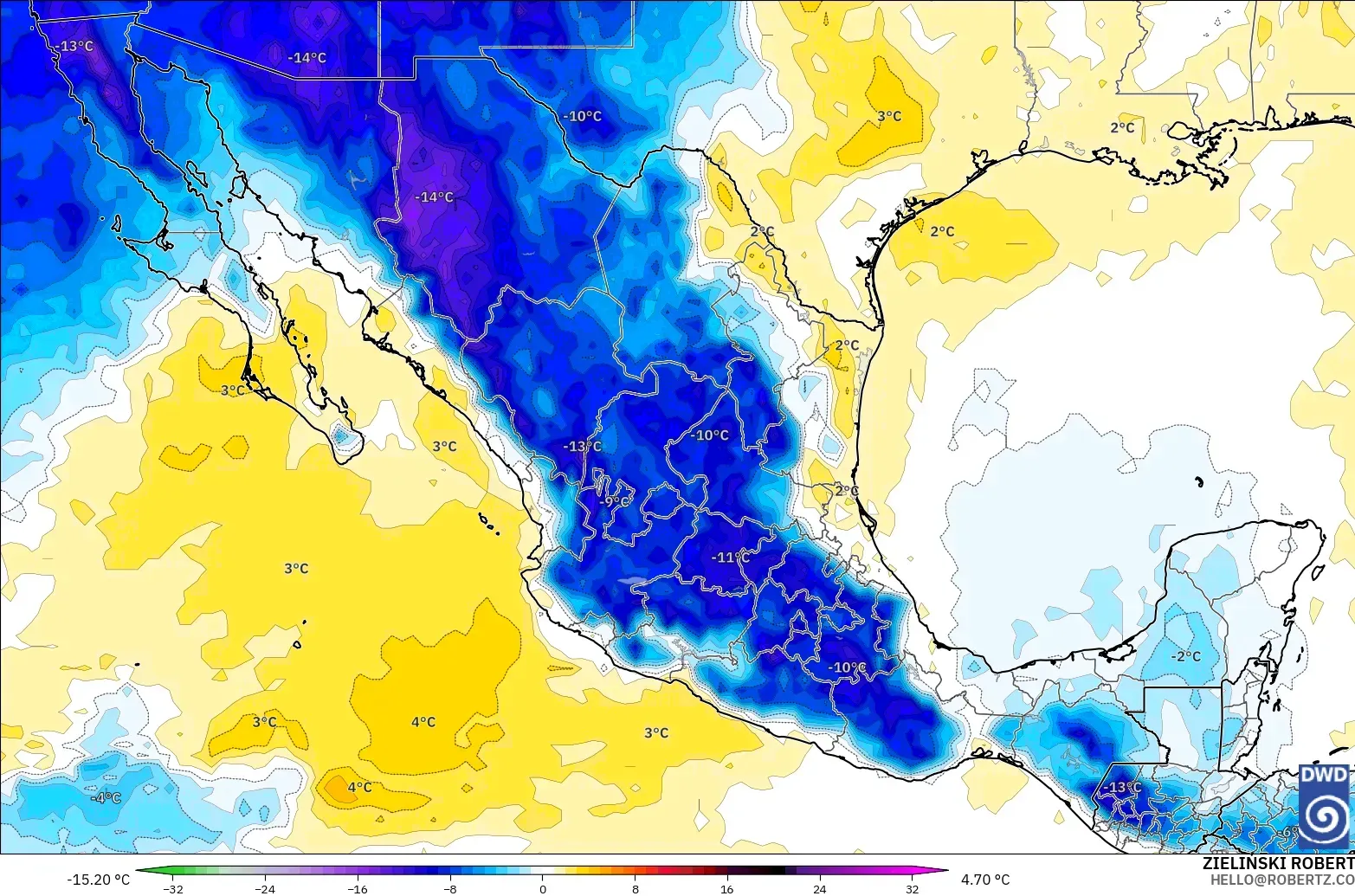 ICON modelo - México, Anomalía de temperatura a 850 hPa