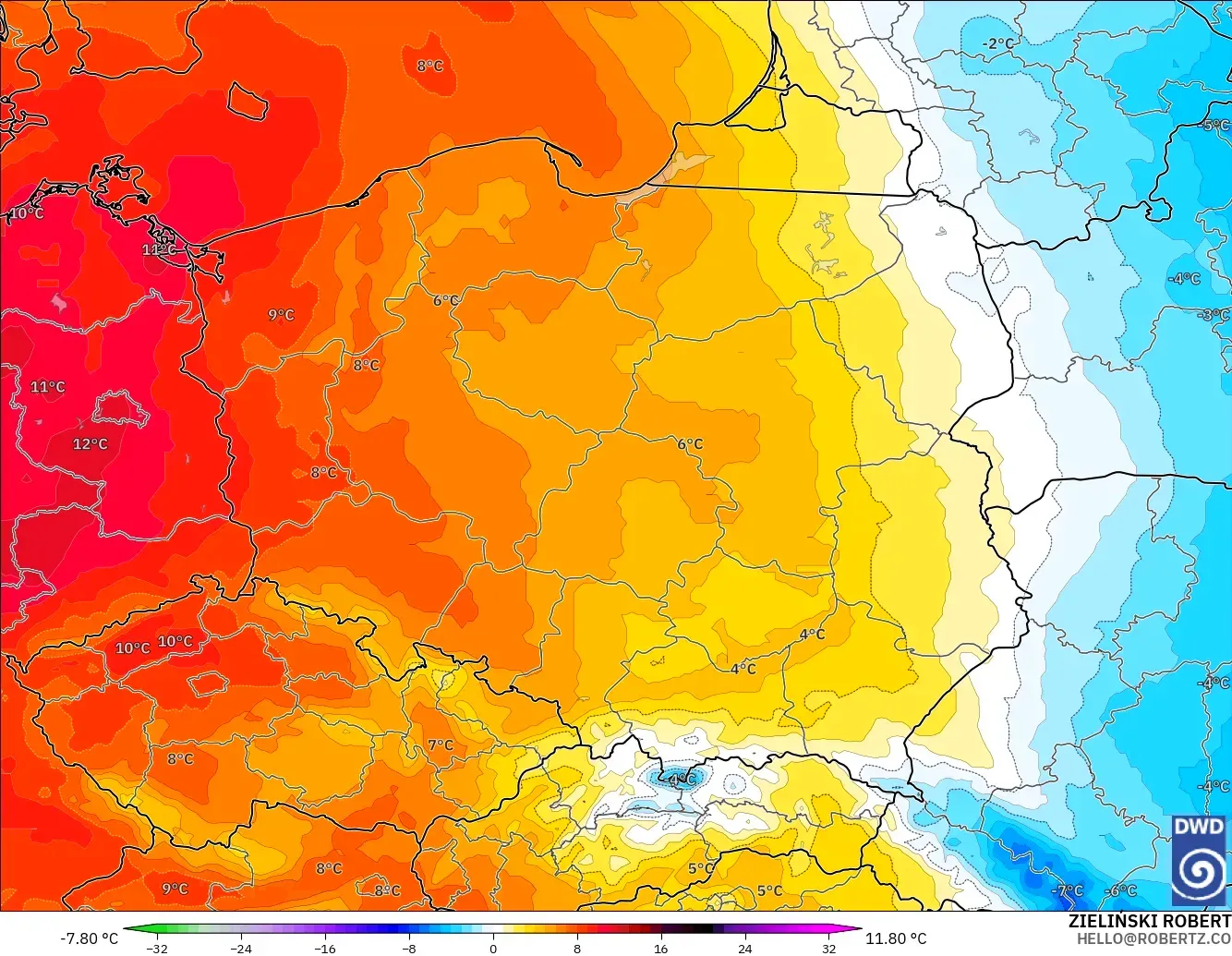 ICON modelo - Polonia, Anomalía de temperatura a 850 hPa
