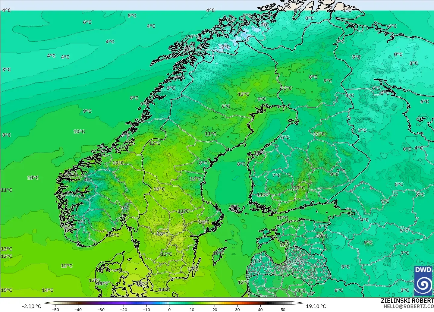 ICON modelo - Escandinavia, Temperatura a 2 m