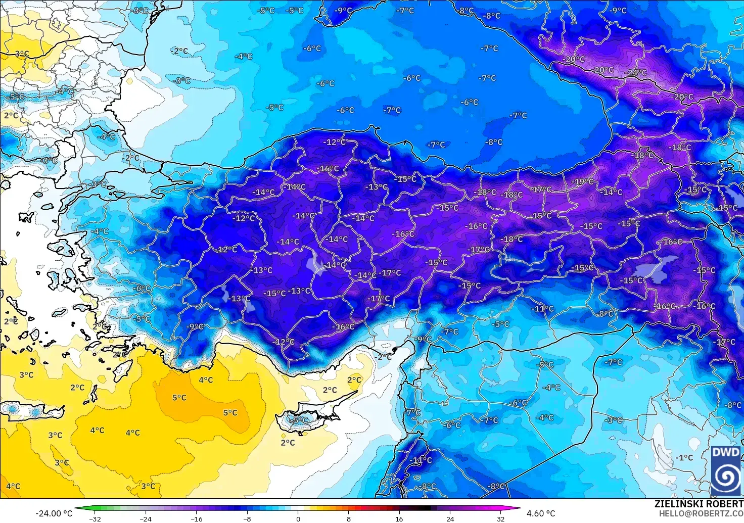 ICON modelo - Turquía, Anomalía de temperatura a 850 hPa