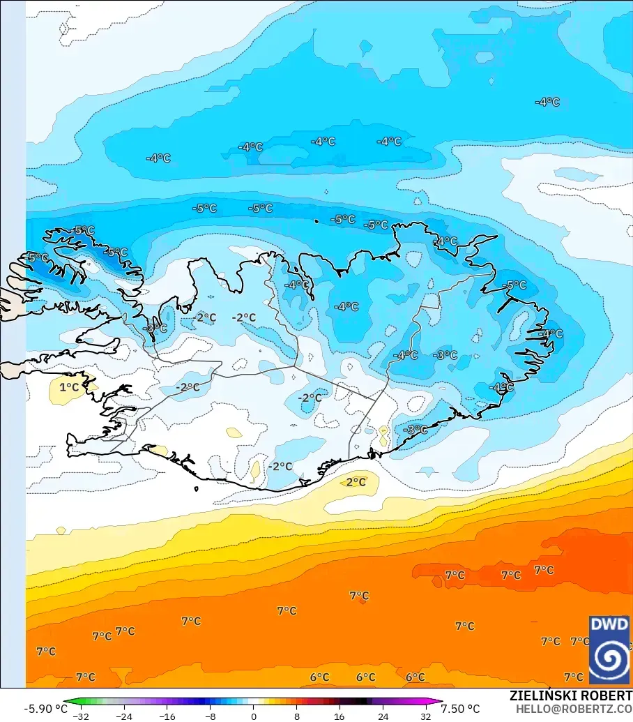 ICON modelo - Islandia, Anomalía de temperatura a 850 hPa