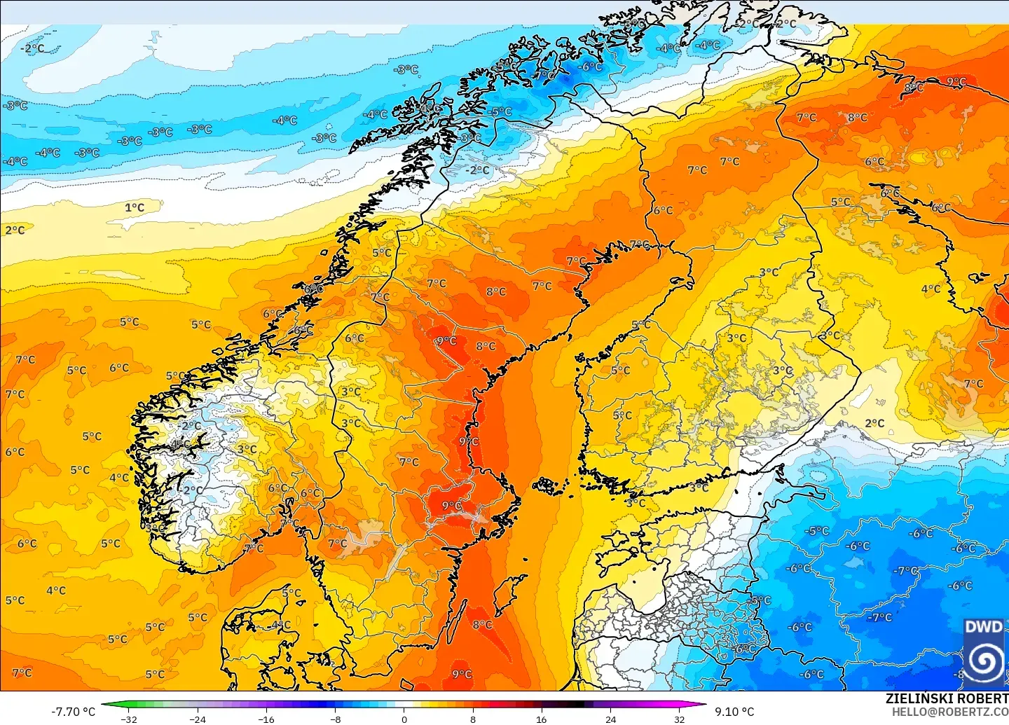 ICON modelo - Escandinavia, Anomalía de temperatura a 850 hPa