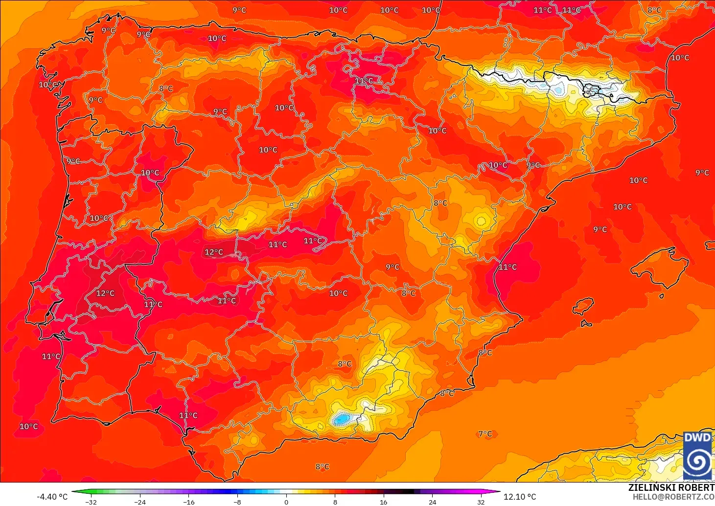 ICON modelo - España, Anomalía de temperatura a 850 hPa