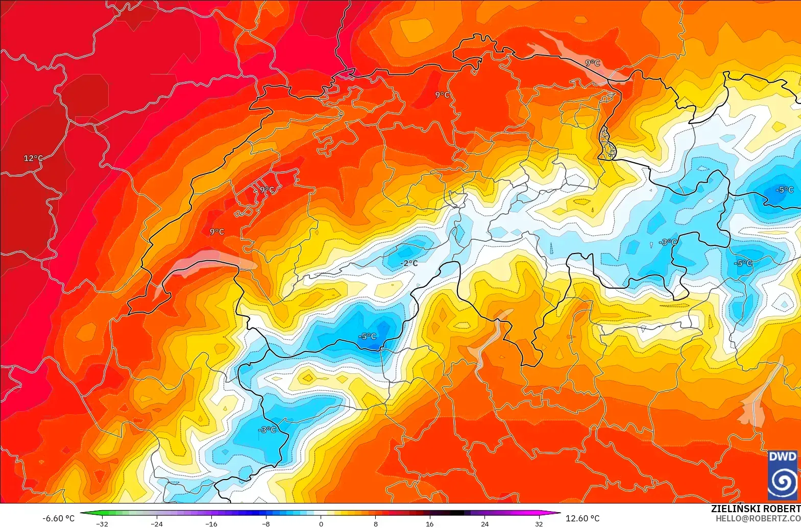 ICON modelo - Suiza, Anomalía de temperatura a 850 hPa