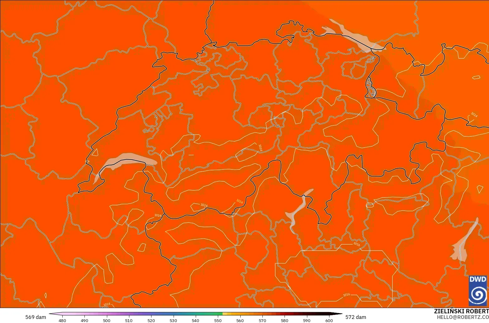 ICON modelo - Suiza, Altura geopotencial a 500 hPa
