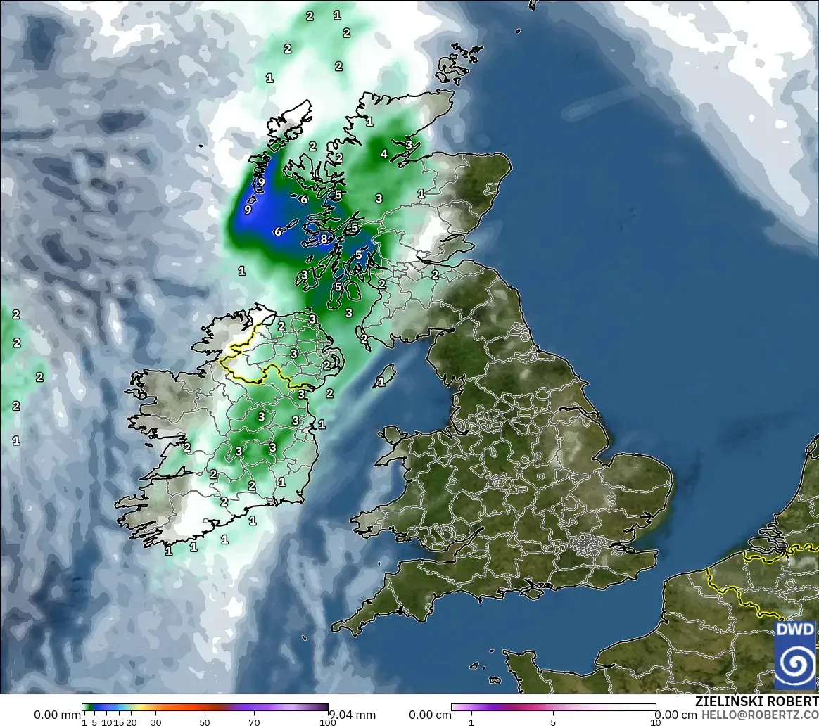 ICON modelo - Reino Unido, Precipitación, nubes y presión