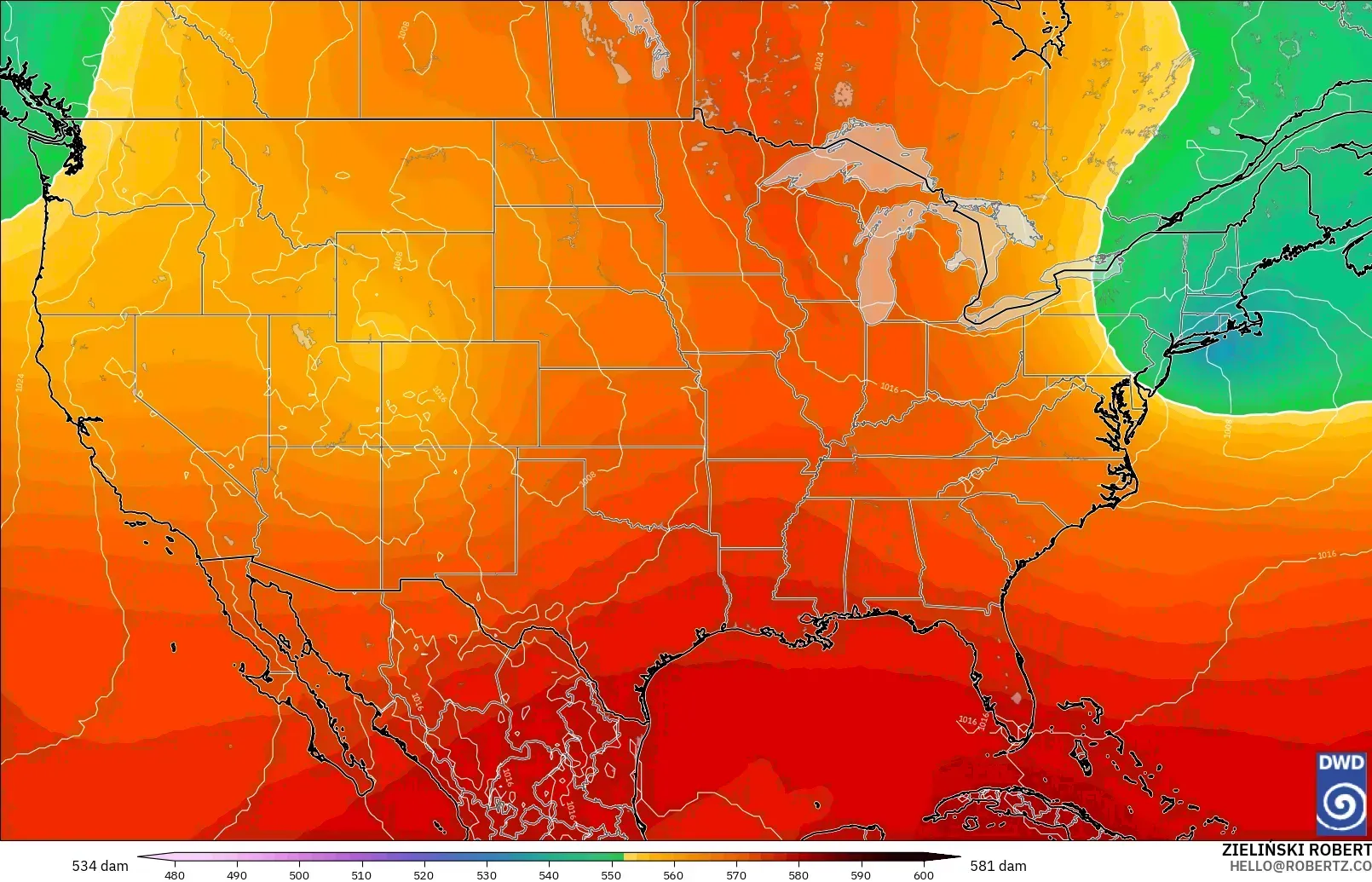 ICON modelo - Estados Unidos, Altura geopotencial a 500 hPa