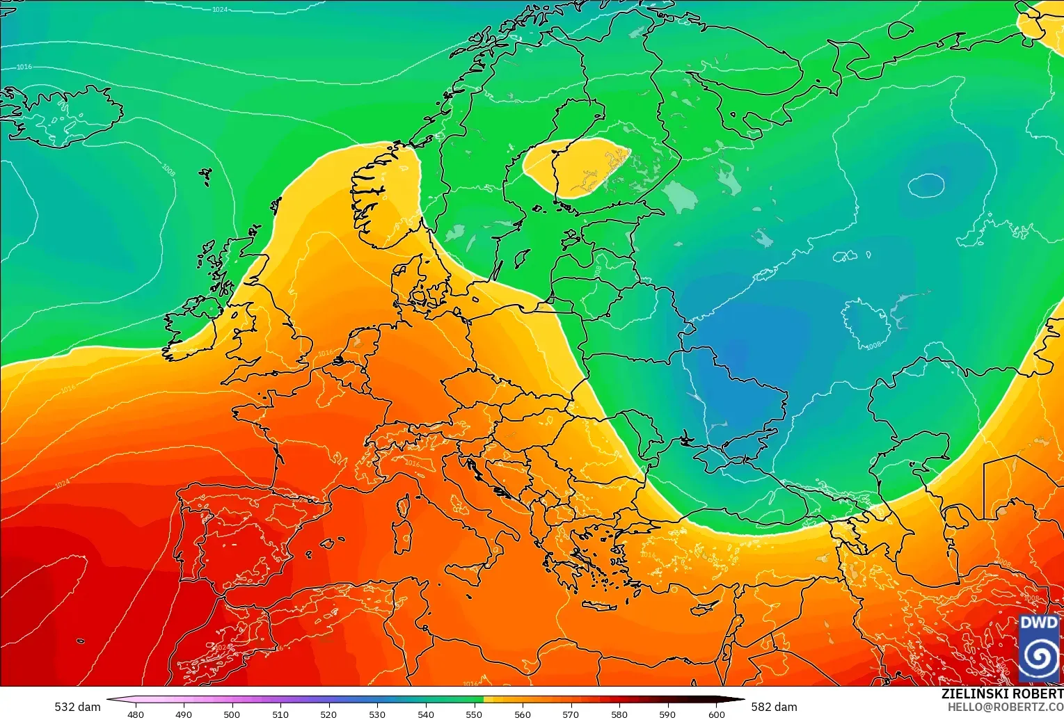 ICON modelo - Europa, Altura geopotencial a 500 hPa