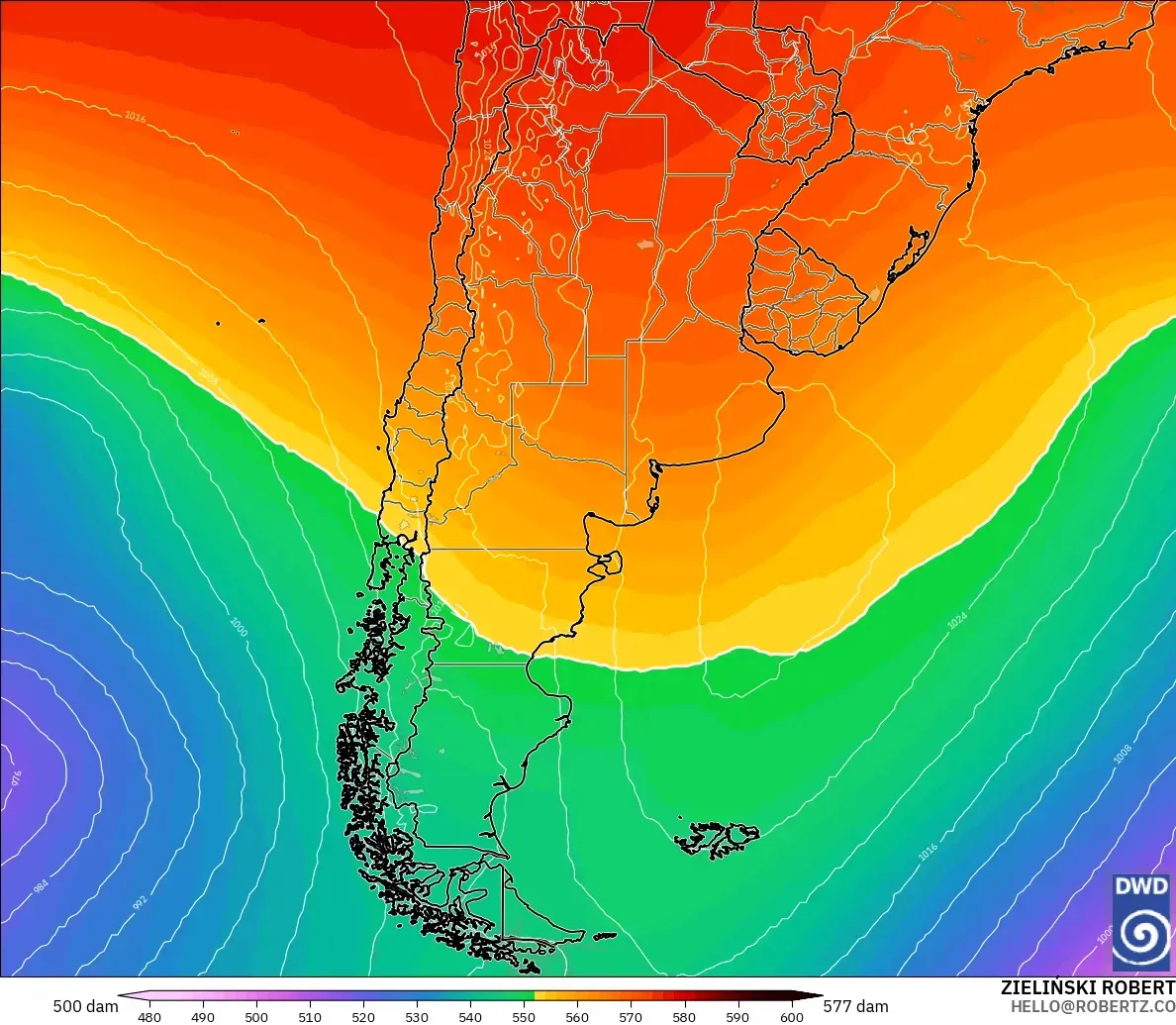 ICON modelo - Argentina, Altura geopotencial a 500 hPa