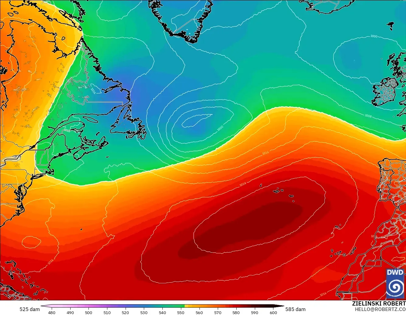 ICON modelo - Norte Atlántico, Altura geopotencial a 500 hPa