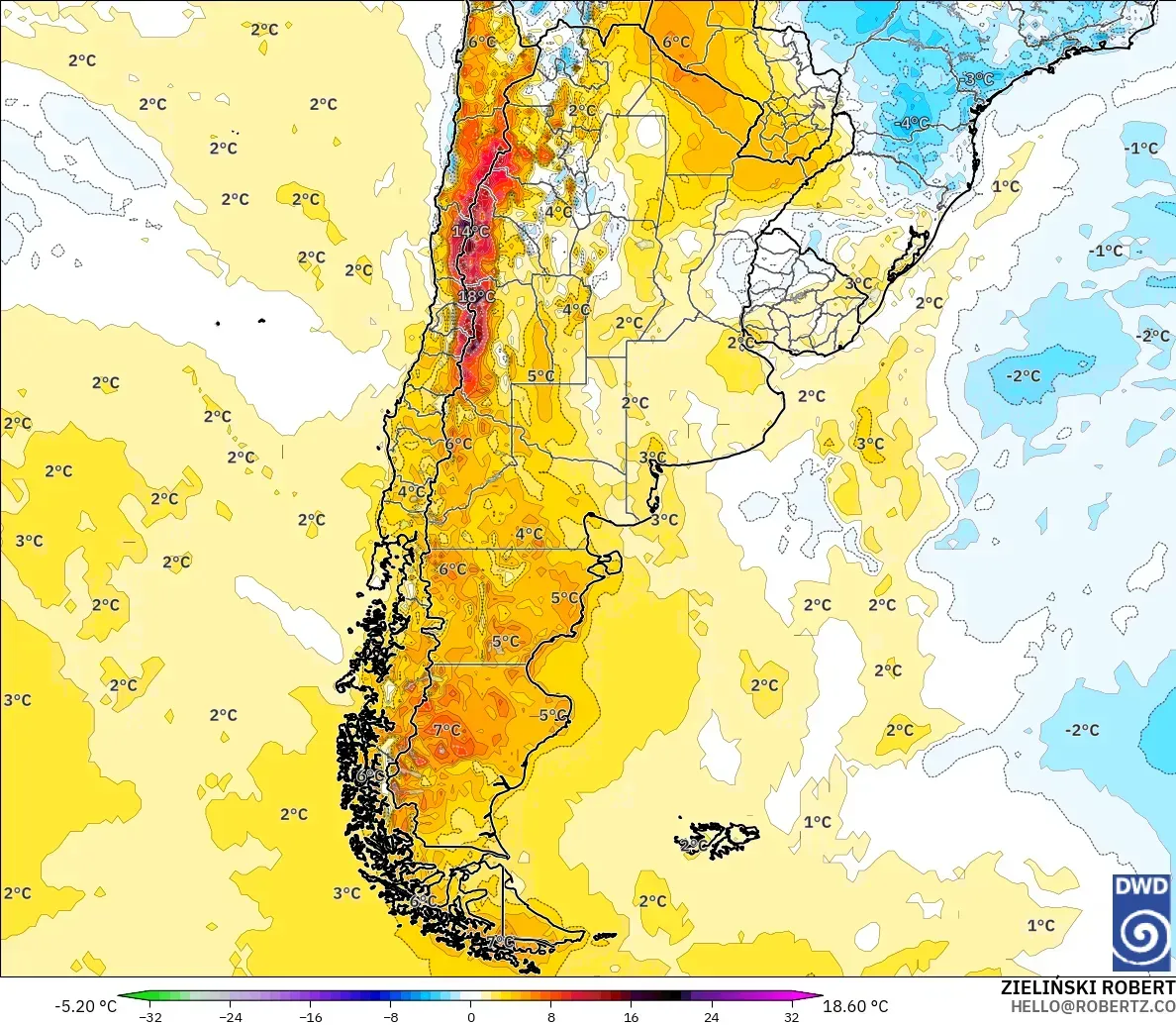 ICON modelo - Argentina, Anomalía de temperatura a 2 m