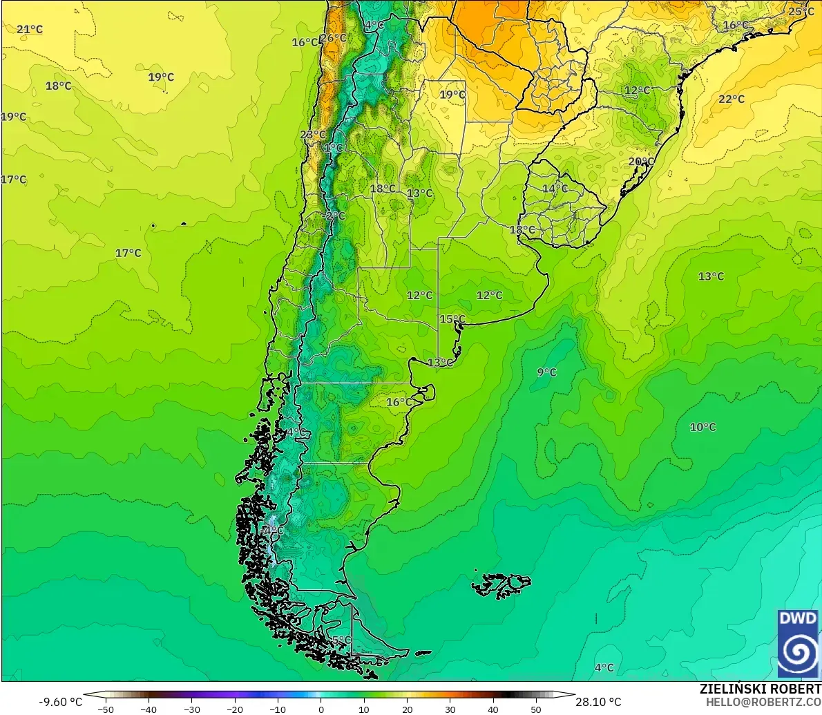 ICON modelo - Argentina, Temperatura a 2 m