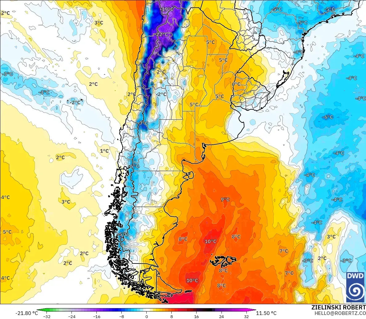 ICON modelo - Argentina, Anomalía de temperatura a 850 hPa