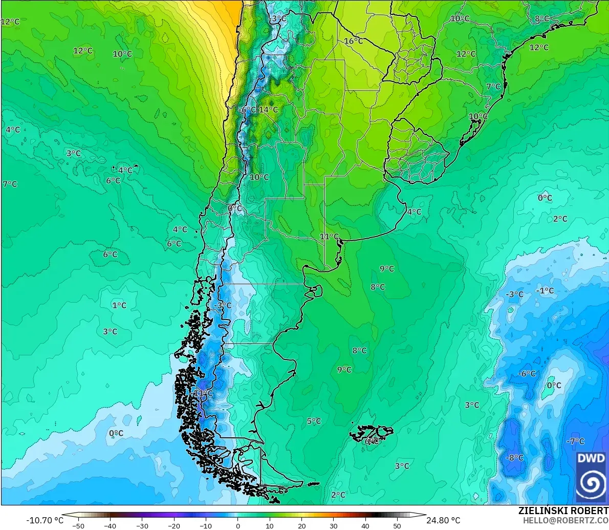 ICON modelo - Argentina, Temperatura a 850 hPa