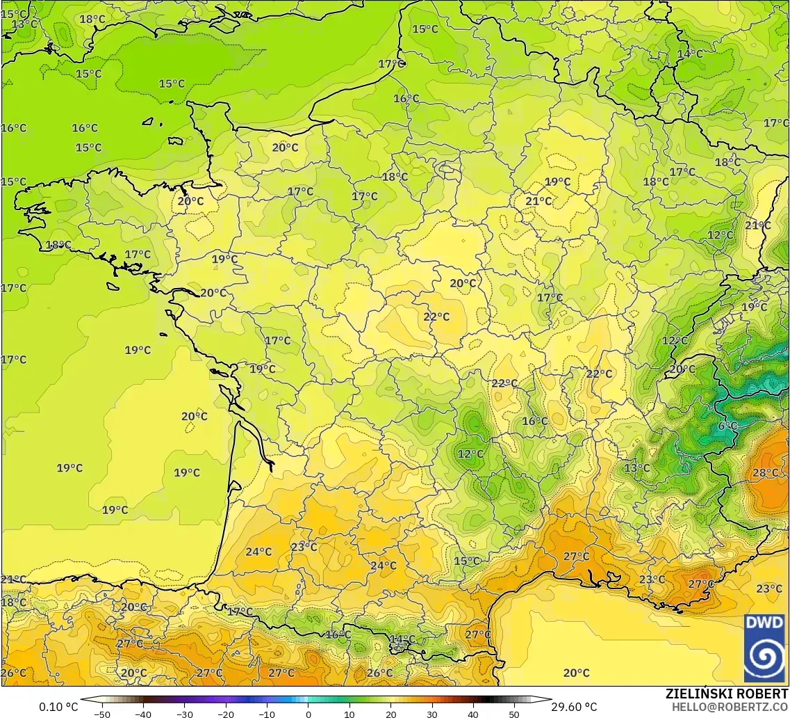 ICON modelo - Francia, Temperatura a 2 m