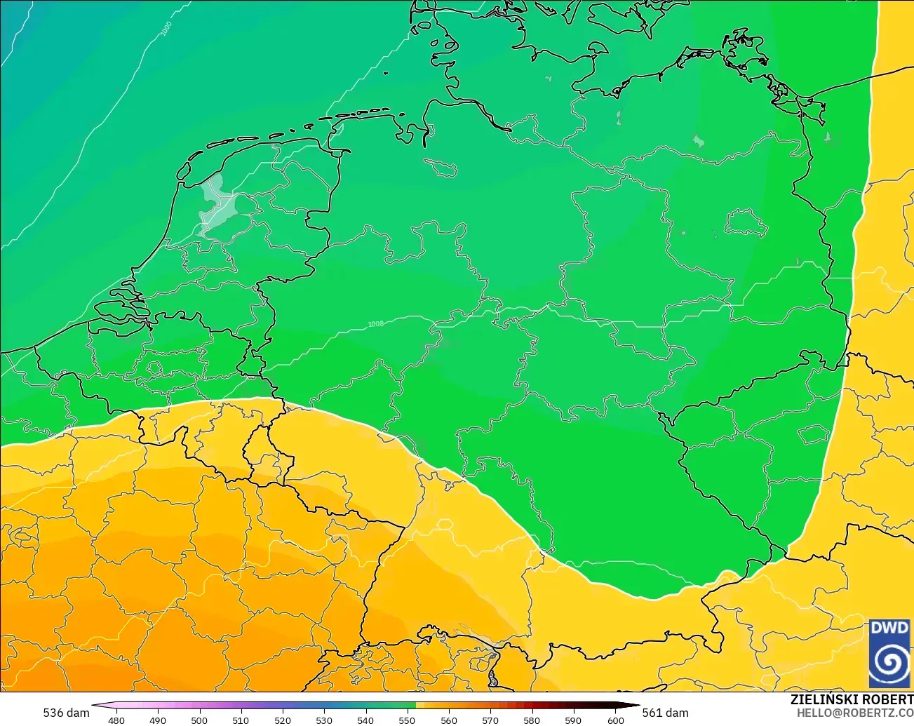 ICON modelo - Alemania, Altura geopotencial a 500 hPa