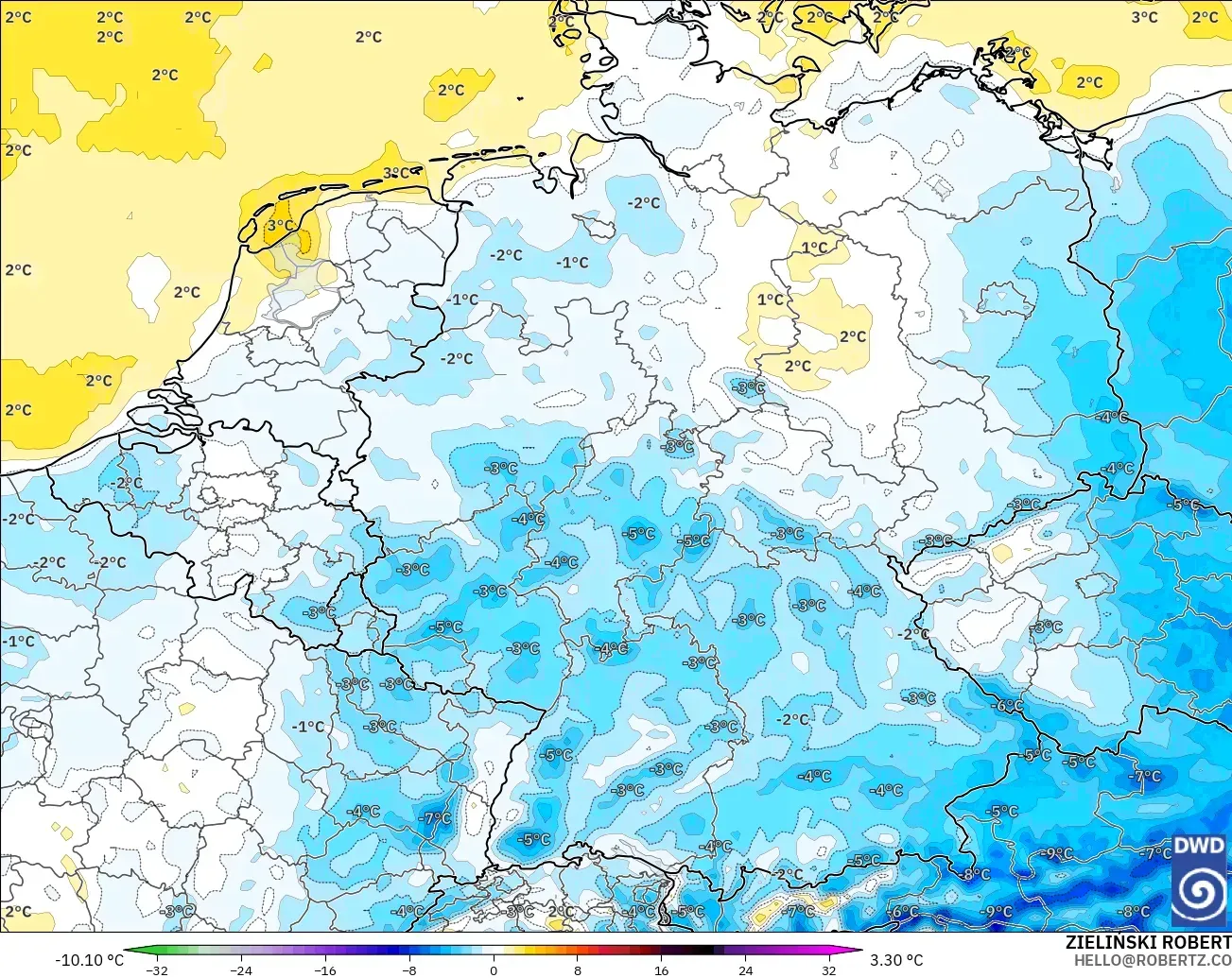 ICON modelo - Alemania, Anomalía de temperatura a 2 m