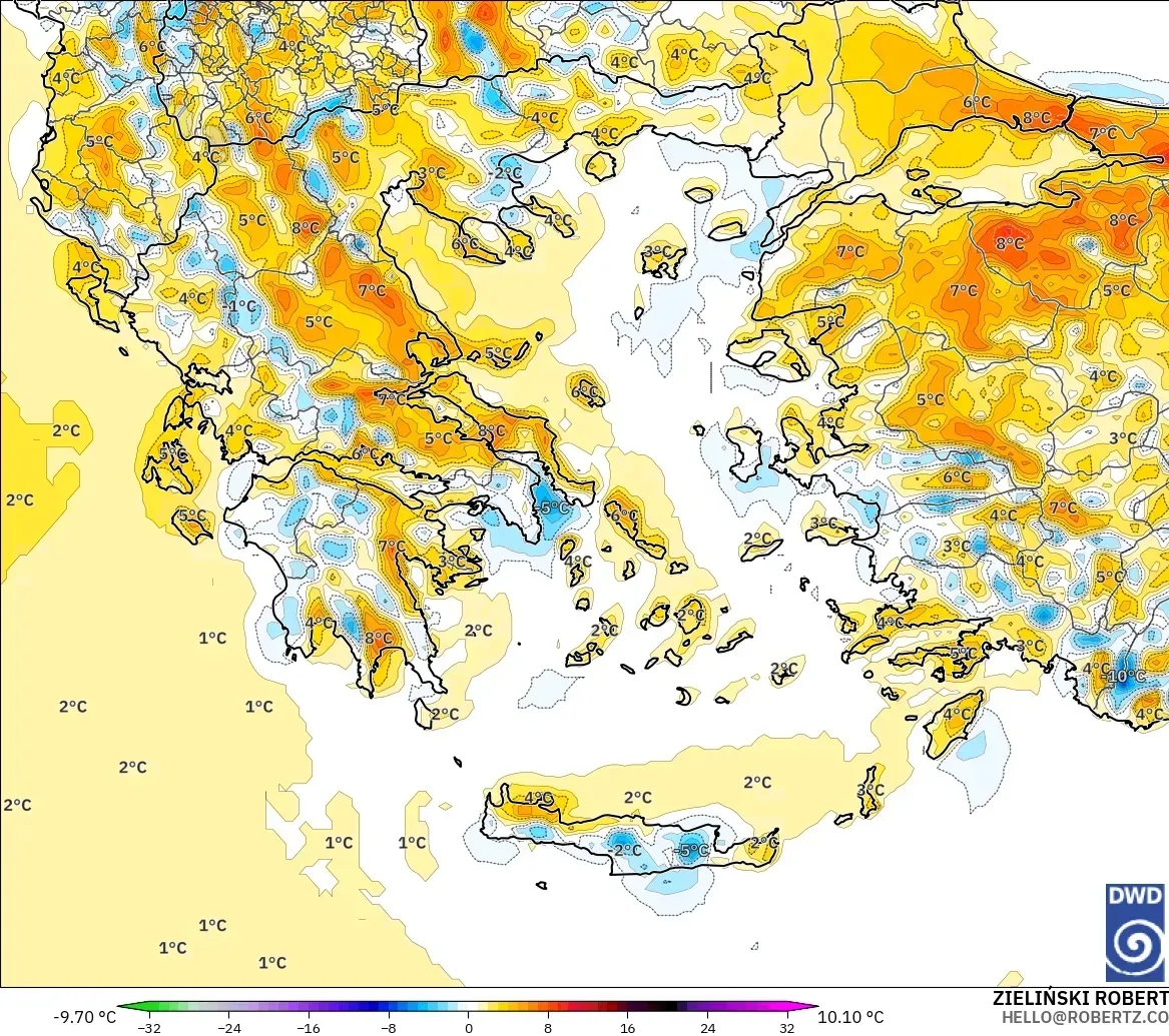 ICON modelo - Grecia, Anomalía de temperatura a 2 m