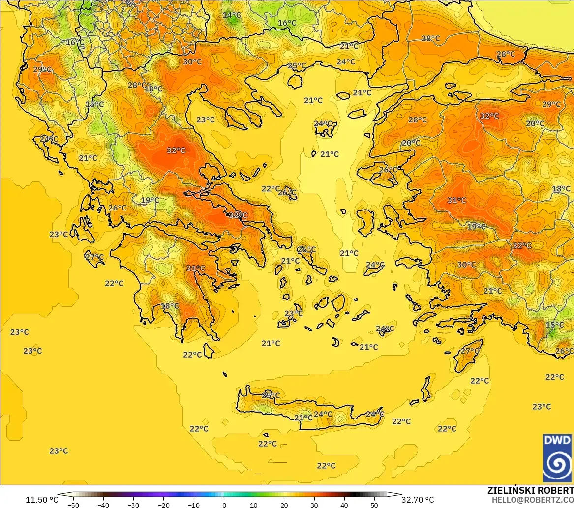 ICON modelo - Grecia, Temperatura a 2 m