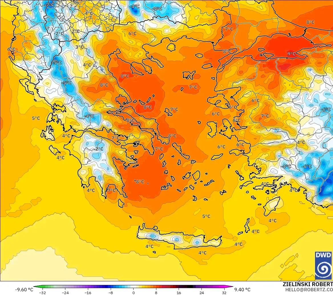 ICON modelo - Grecia, Anomalía de temperatura a 850 hPa