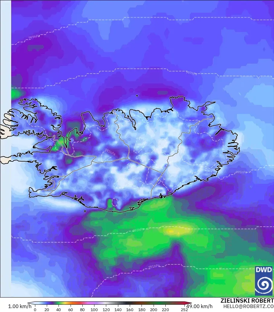 ICON modelo - Islandia, Ráfagas de viento