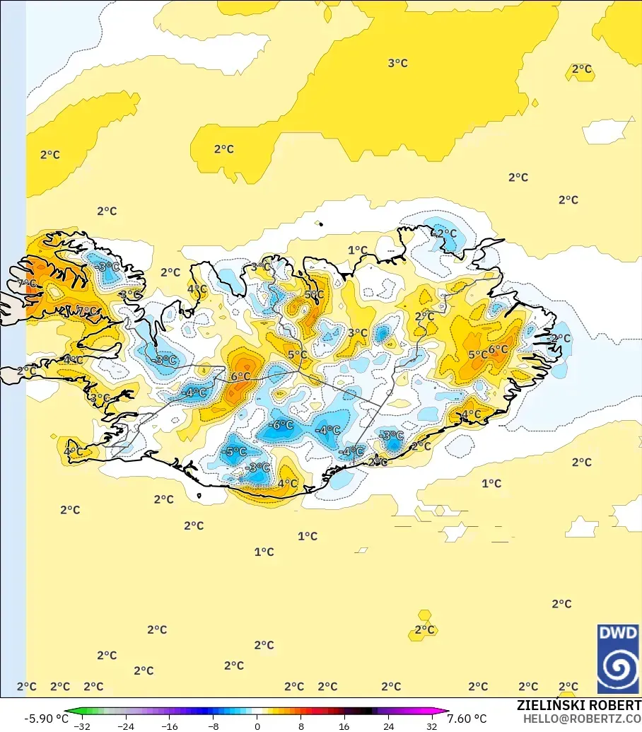 ICON modelo - Islandia, Anomalía de temperatura a 2 m