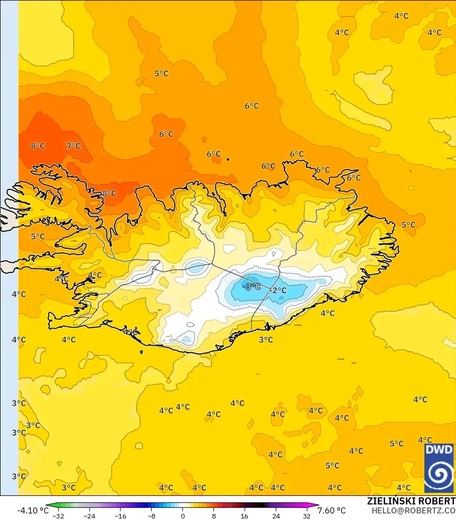 ICON modelo - Islandia, Anomalía de temperatura a 850 hPa
