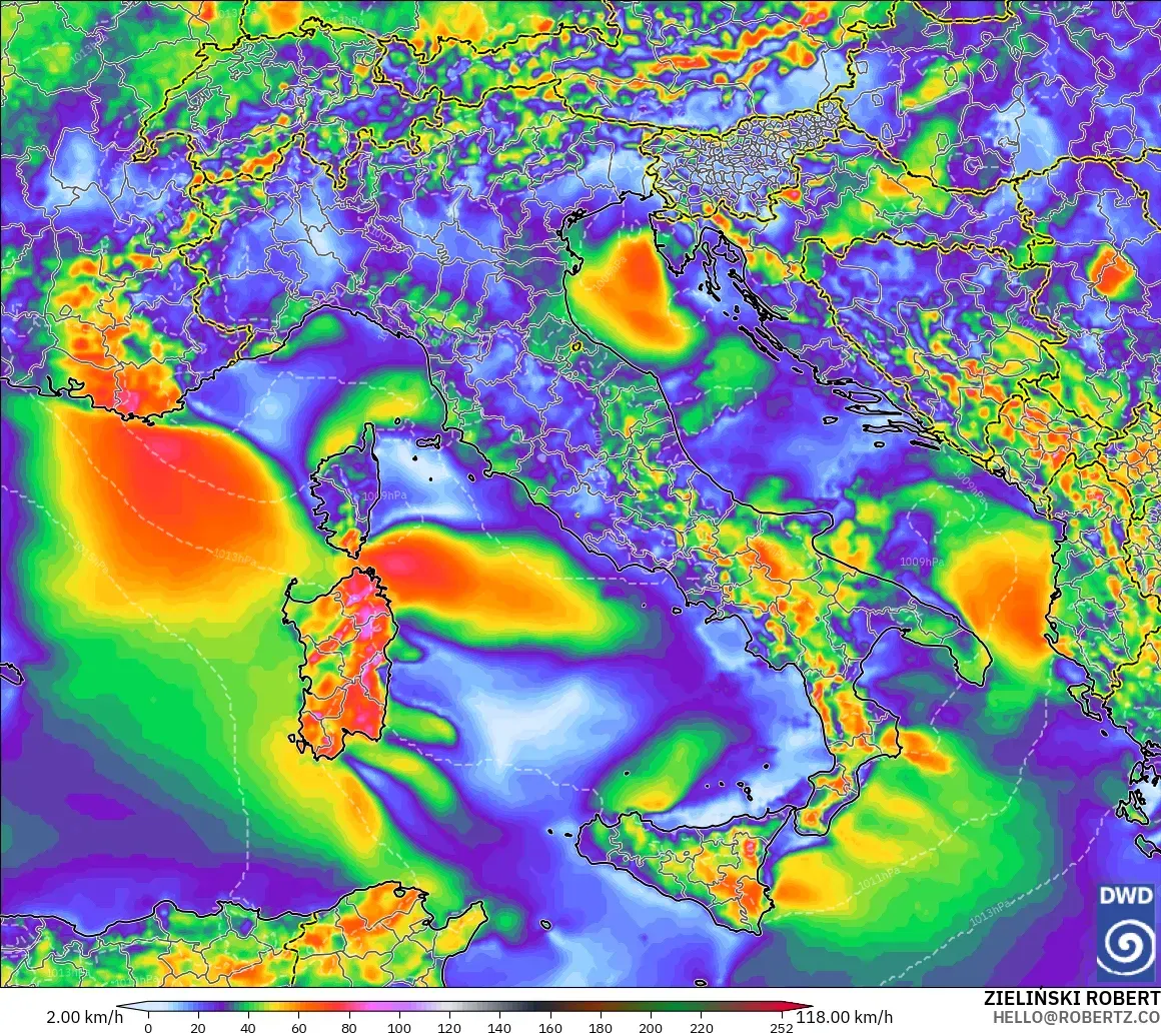 ICON modelo - Italia, Ráfagas de Viento Máximas