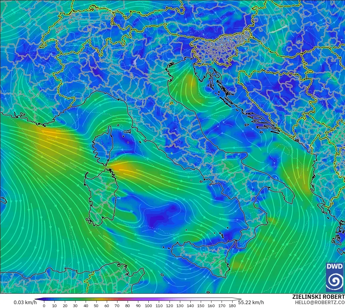ICON modelo - Italia, Viento a 10 m