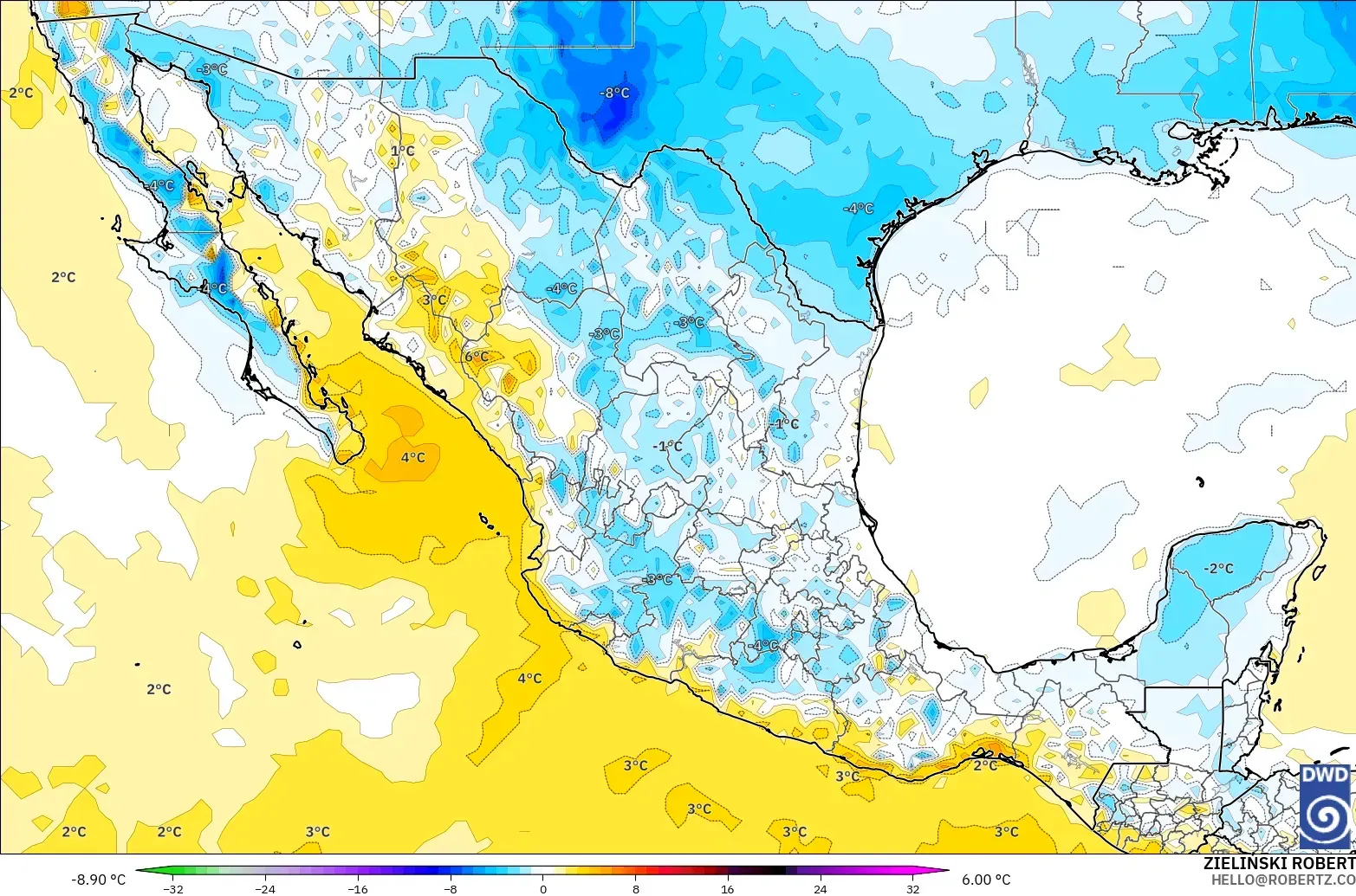 ICON modelo - México, Anomalía de temperatura a 2 m