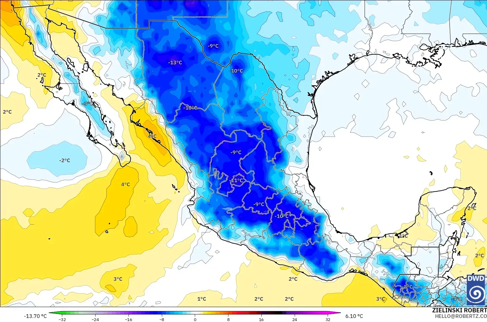ICON modelo - México, Anomalía de temperatura a 850 hPa