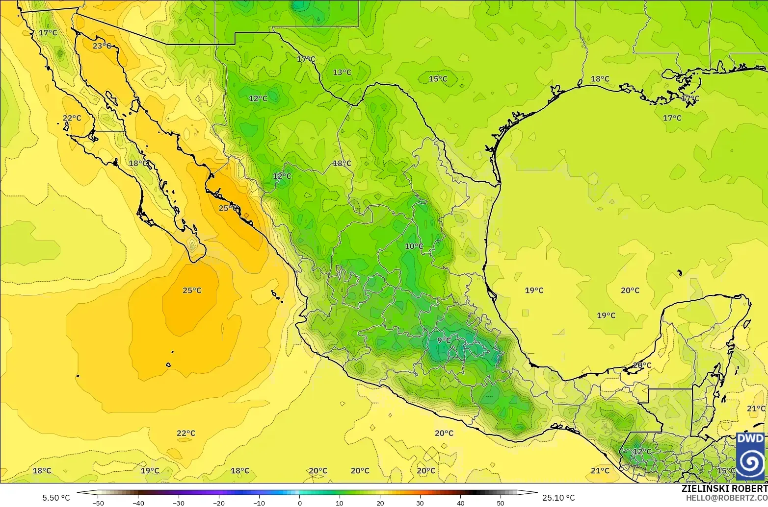 ICON modelo - México, Temperatura a 850 hPa