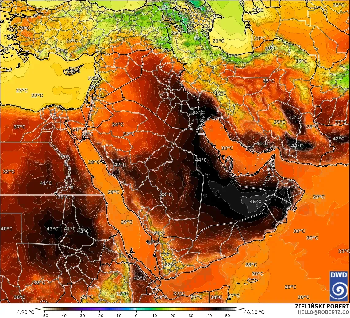ICON modelo - Oriente Medio, Temperatura a 2 m