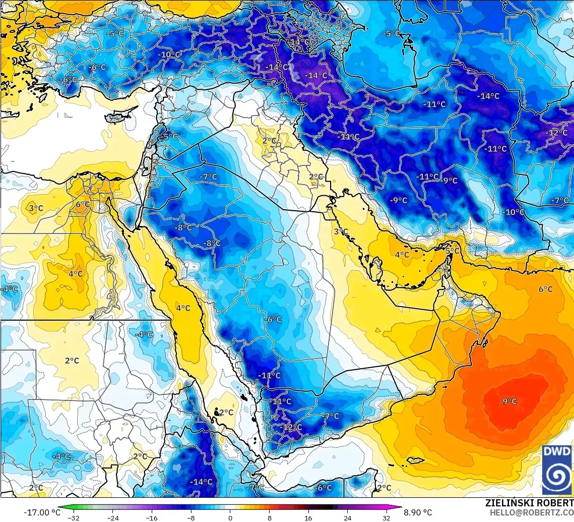 ICON modelo - Oriente Medio, Anomalía de temperatura a 850 hPa