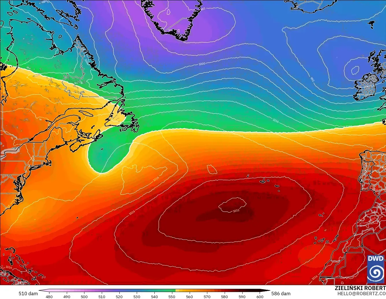 ICON modelo - Norte Atlántico, Altura geopotencial a 500 hPa