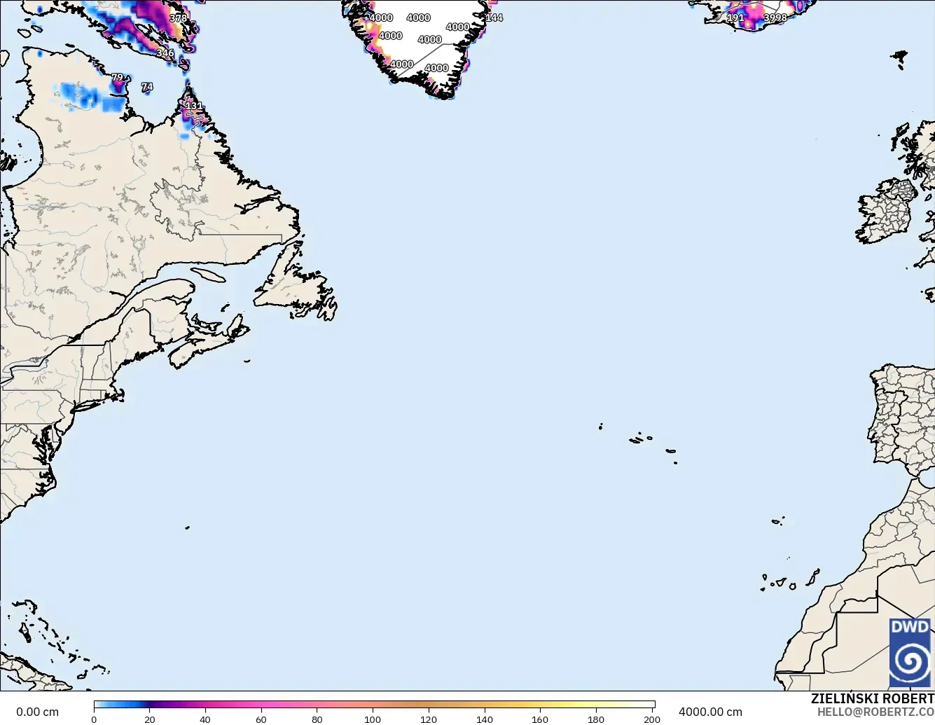 ICON modelo - Norte Atlántico, Profundidad de nieve