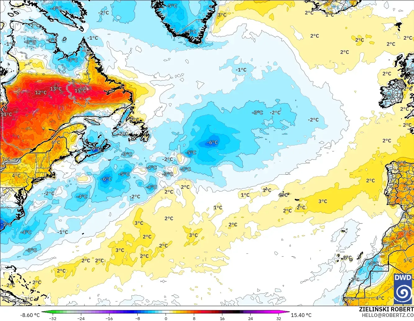 ICON modelo - Norte Atlántico, Anomalía de temperatura a 2 m