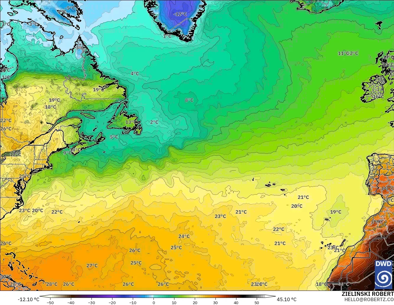 ICON modelo - Norte Atlántico, Temperatura a 2 m
