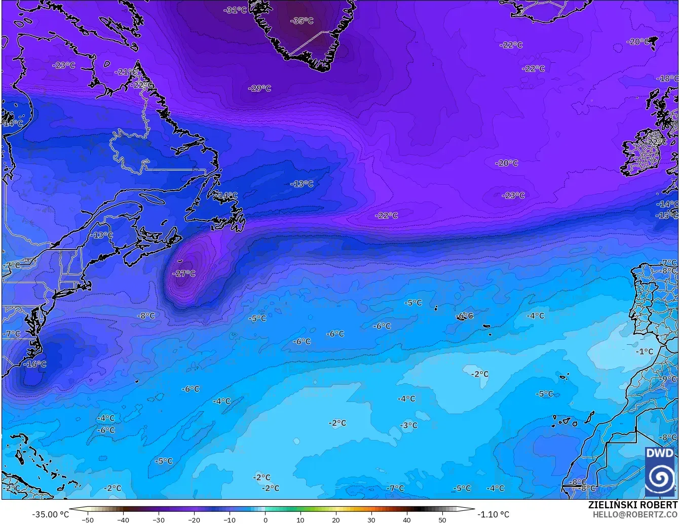ICON modelo - Norte Atlántico, Temperatura a 500 hPa