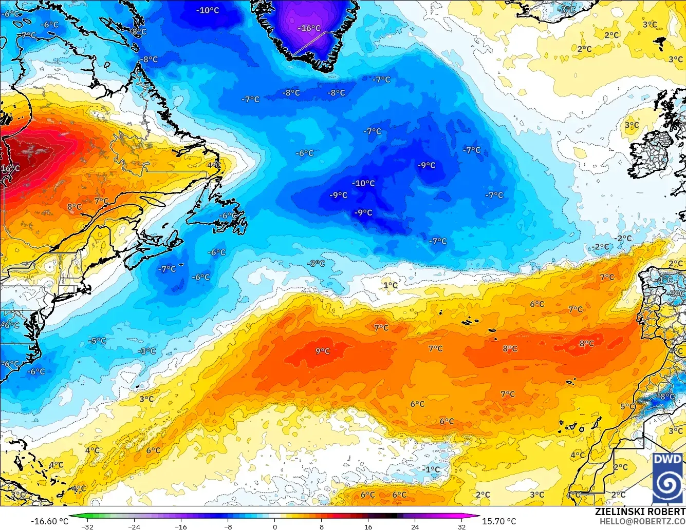 ICON modelo - Norte Atlántico, Anomalía de temperatura a 850 hPa