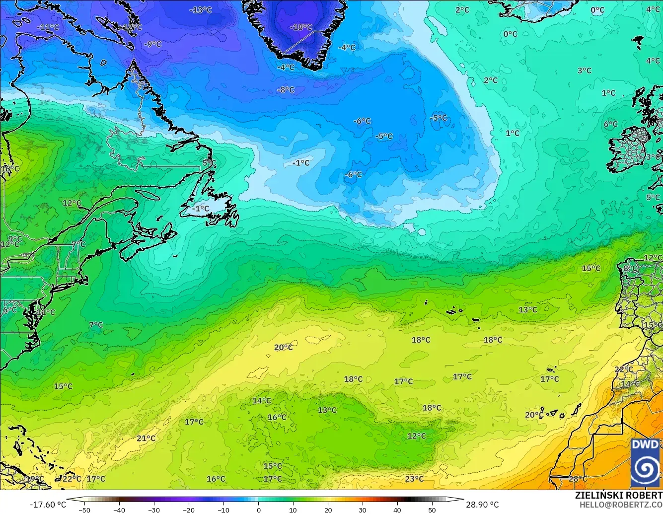 ICON modelo - Norte Atlántico, Temperatura a 850 hPa