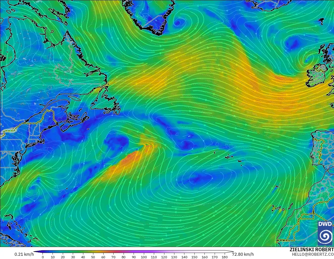ICON modelo - Norte Atlántico, Viento a 10 m