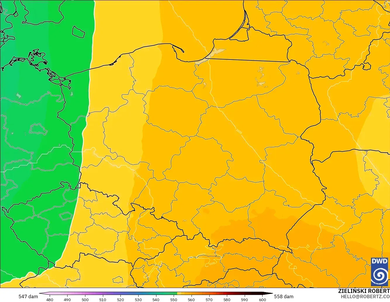 ICON modelo - Polonia, Altura geopotencial a 500 hPa
