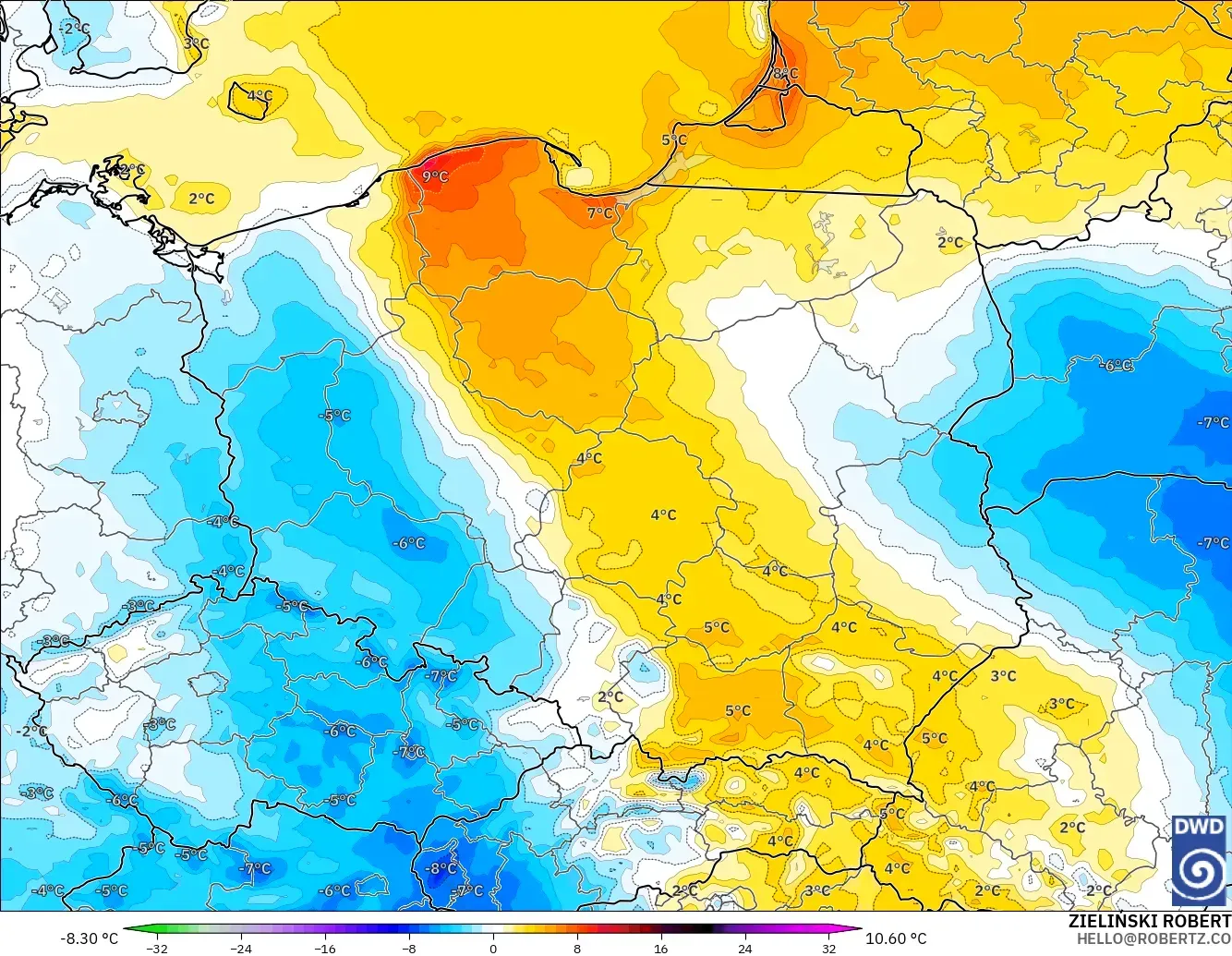 ICON modelo - Polonia, Anomalía de temperatura a 2 m