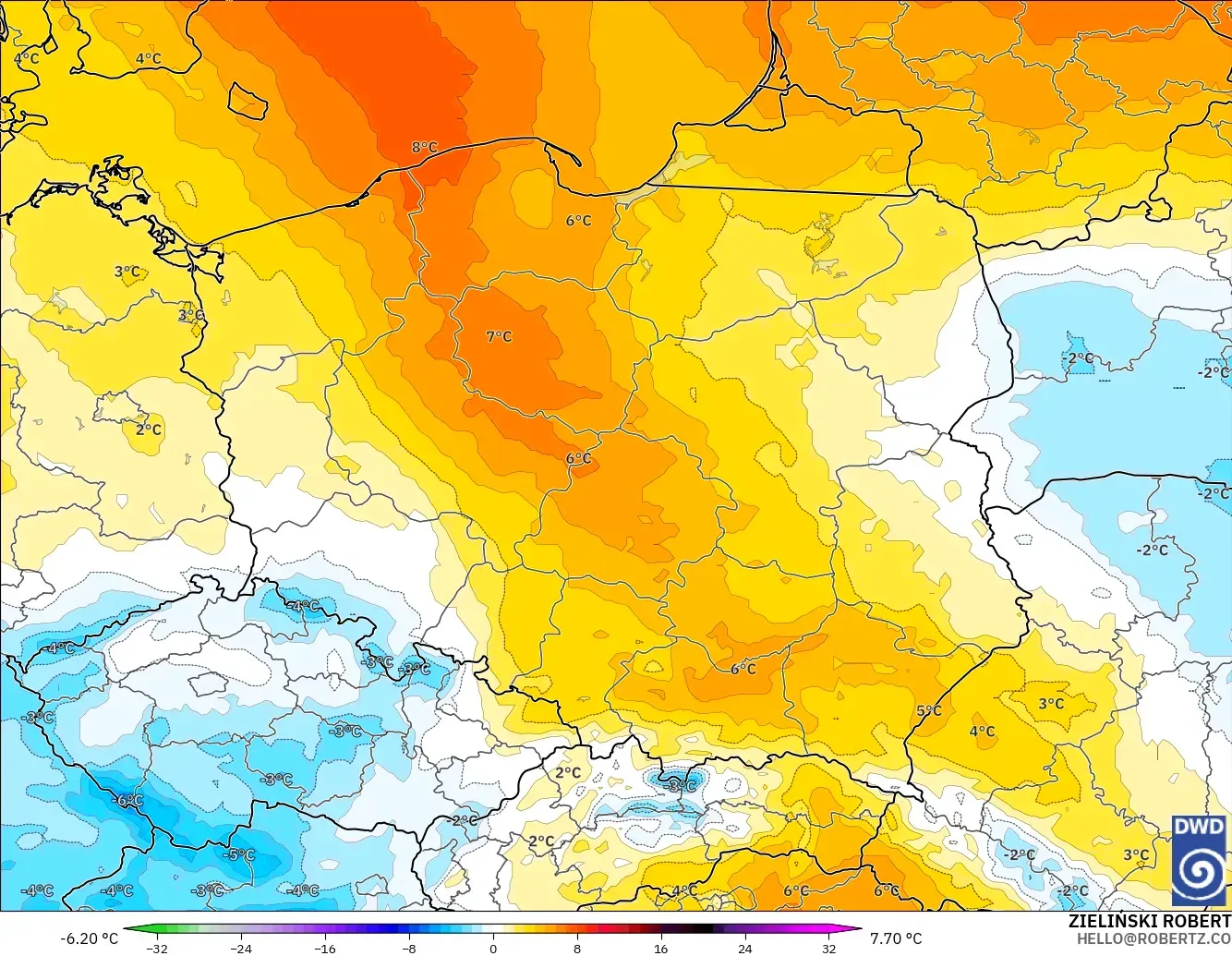 ICON modelo - Polonia, Anomalía de temperatura a 850 hPa