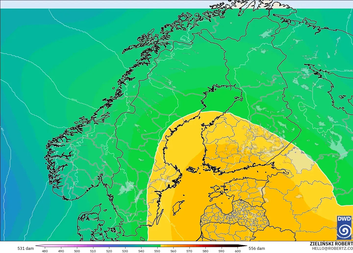 ICON modelo - Escandinavia, Altura geopotencial a 500 hPa